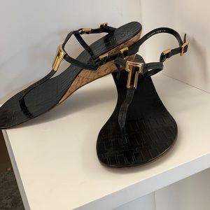 Tory Burch Pauline Wedge Sandals Black Leather 9M